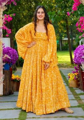 Yellow Printed Georgette Gown