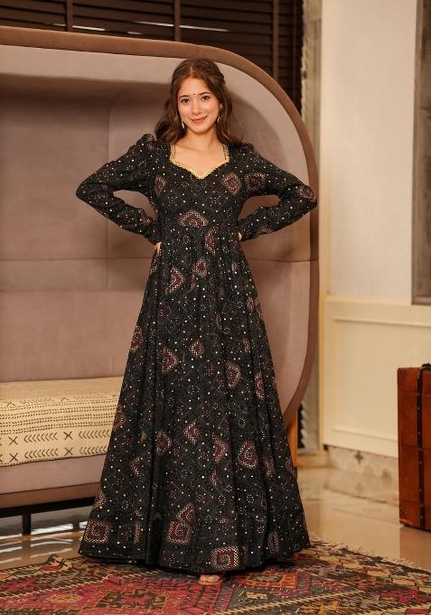 Black Printed Rayon Gown With Dupatta