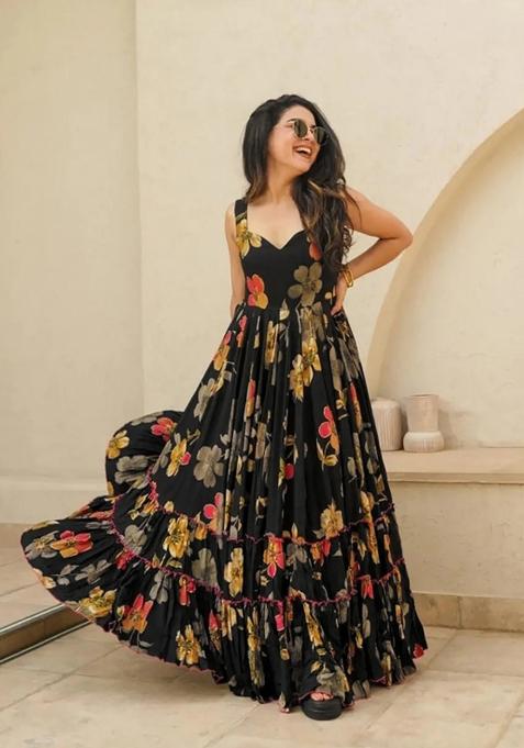 Black Printed Rayon Gown