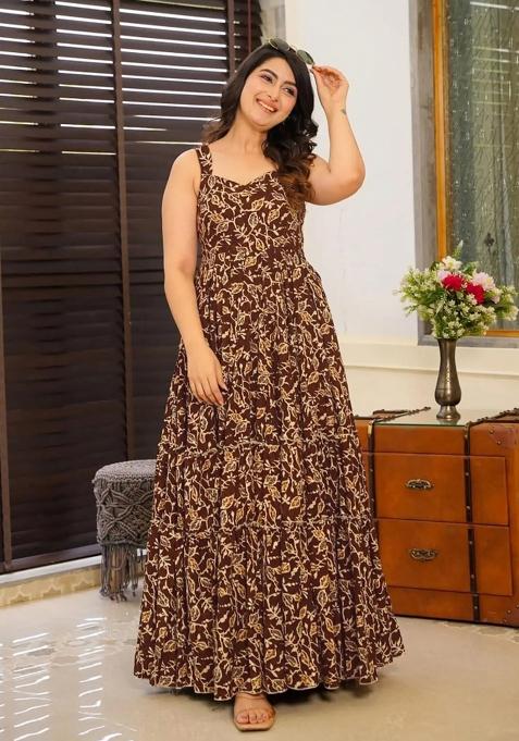 Brown Printed Rayon Gown