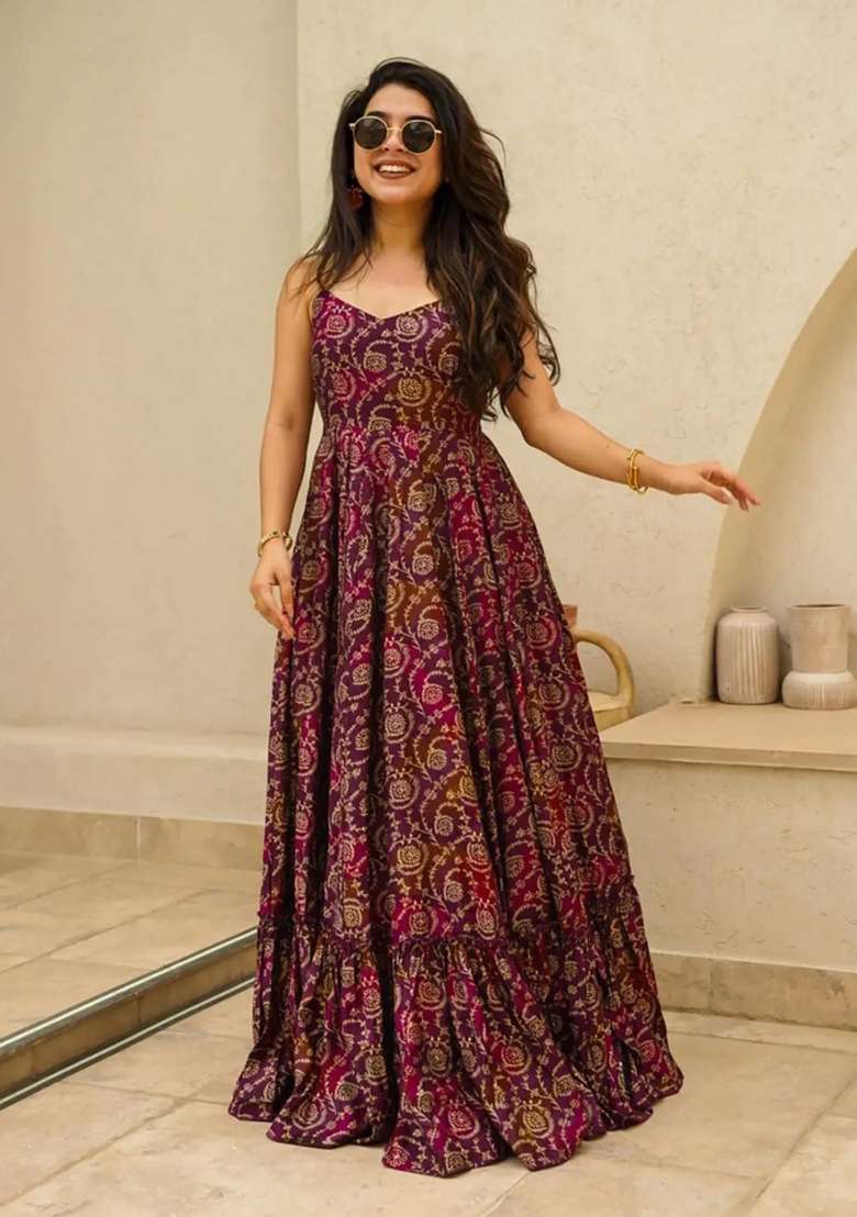 Purple Printed Rayon Gown - Indya