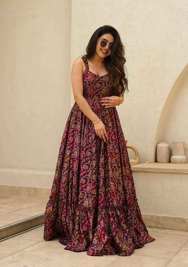 Purple Printed Rayon Gown - Indya