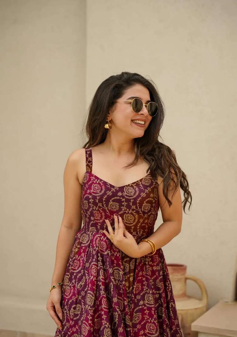 Purple Printed Rayon Gown - Indya