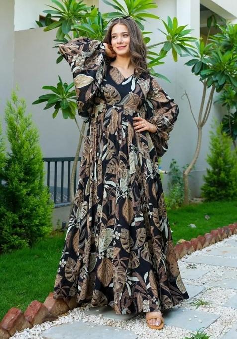 Black Printed Chinon Gown