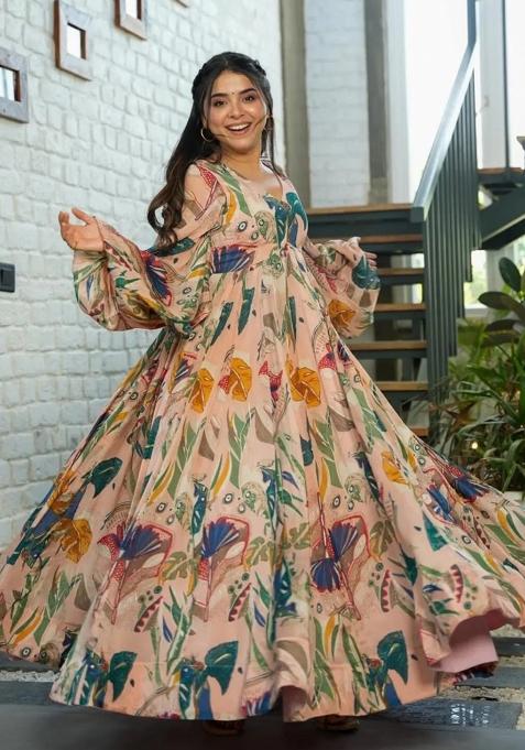 Peach Printed Chinon Gown