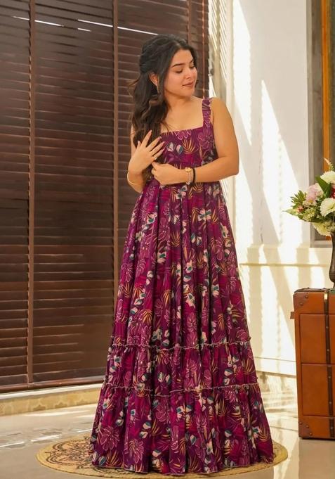 Wine Printed Rayon Gown