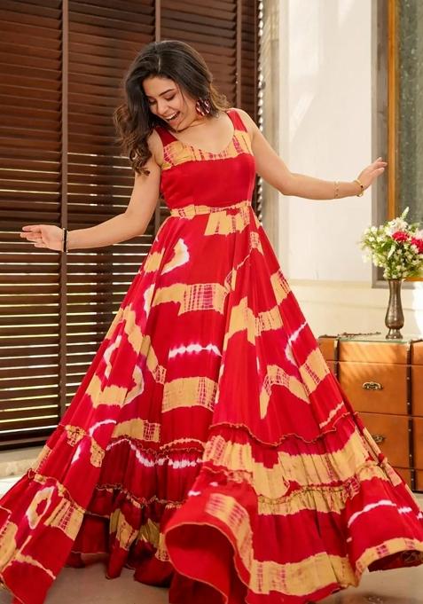 Red Printed Rayon Gown