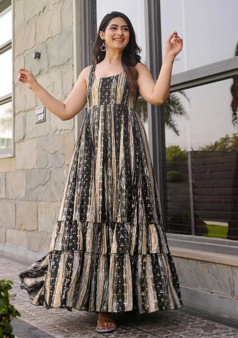 Grey Printed Rayon Gown - Indya
