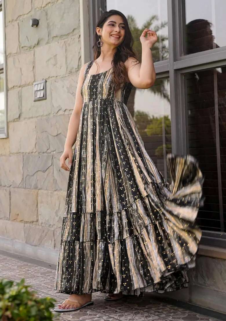 Grey Printed Rayon Gown - Indya