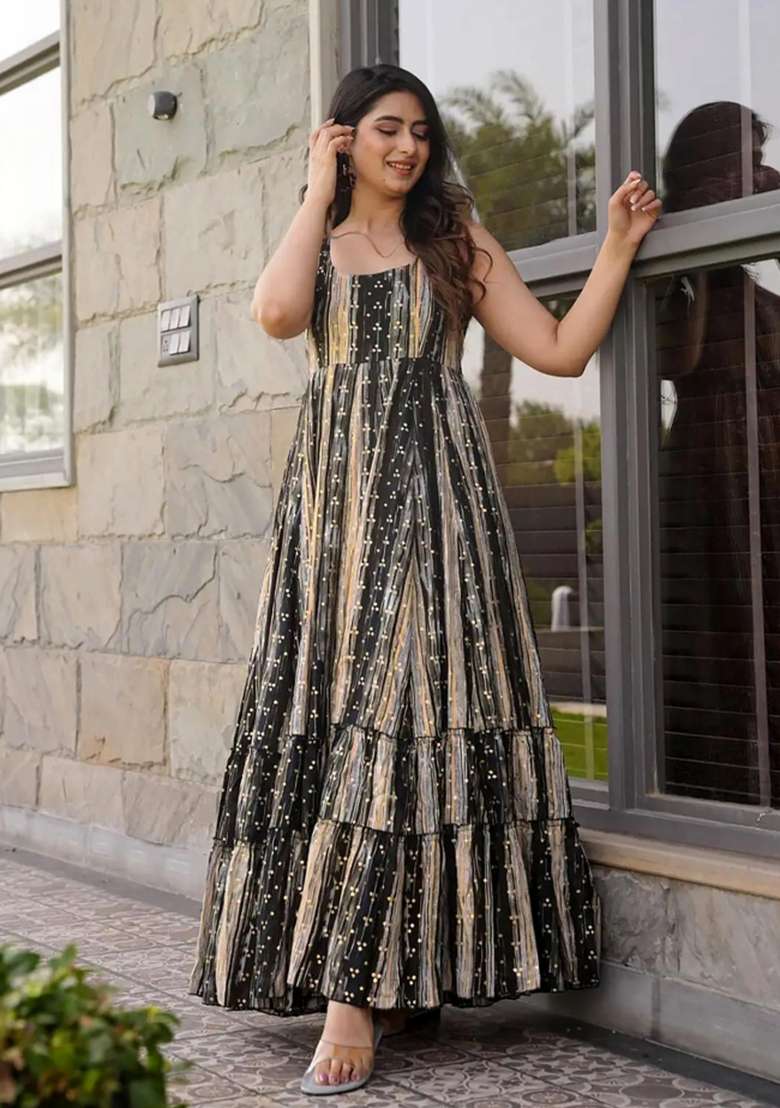 Grey Printed Rayon Gown - Indya