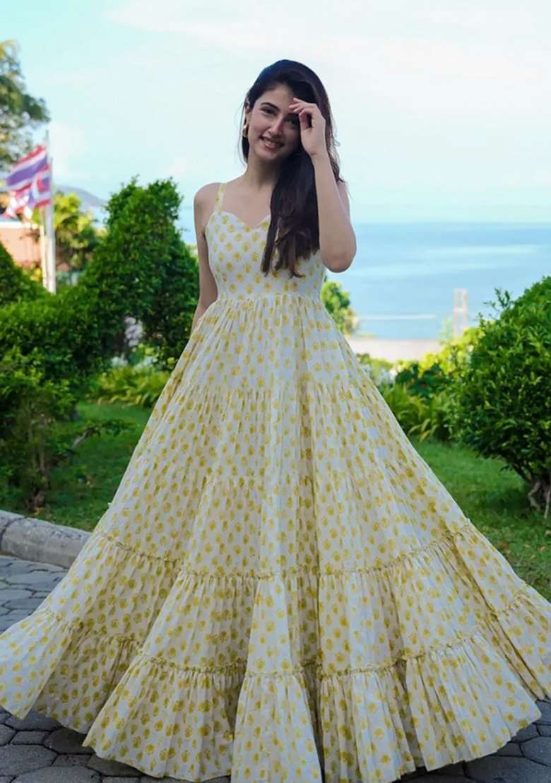 Yellow Printed Rayon Gown - Indya