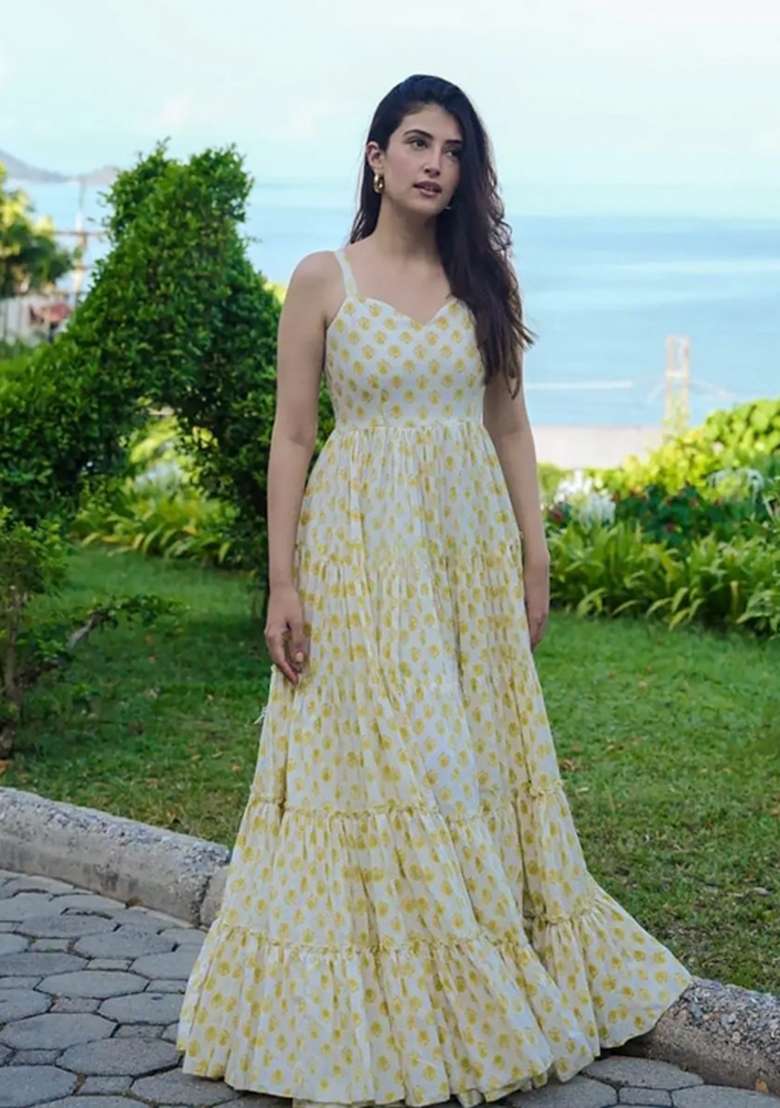 Yellow Printed Rayon Gown - Indya