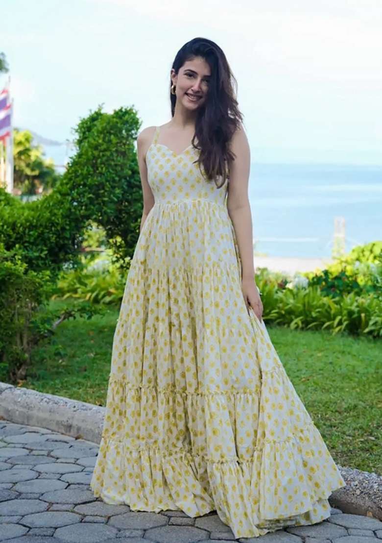 Yellow Printed Rayon Gown - Indya