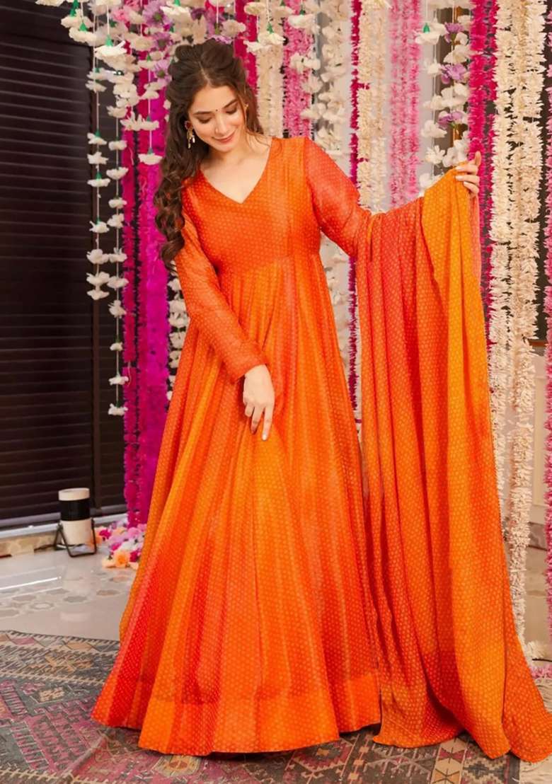 Orange Printed Chinon Gown With Dupatta - Indya
