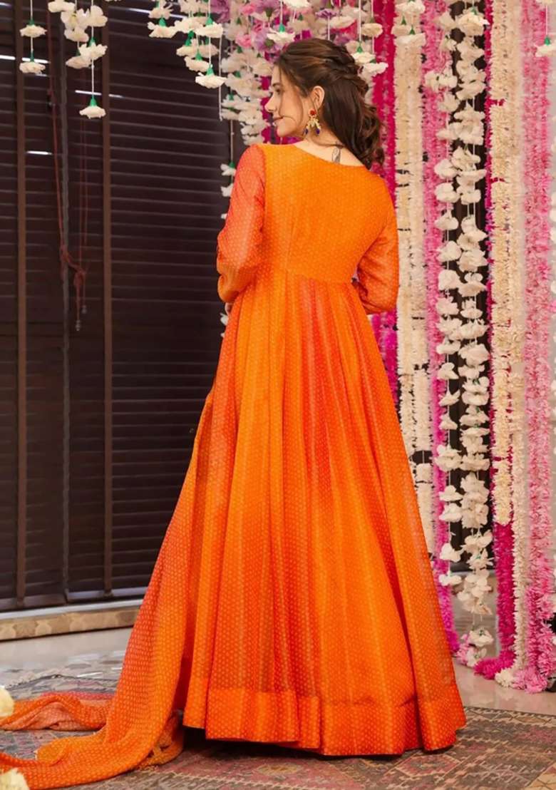 Orange Printed Chinon Gown With Dupatta - Indya