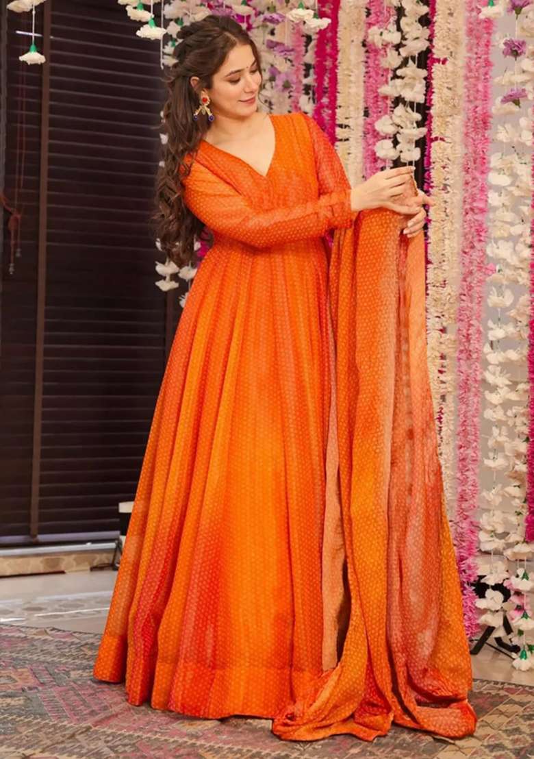 Orange Printed Chinon Gown With Dupatta - Indya