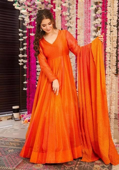 Orange Printed Chinon Gown With Dupatta