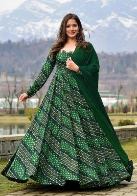 Green Printed Rayon Gown With Dupatta