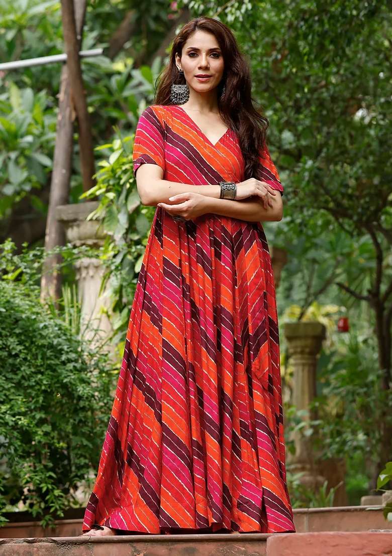 Orange Printed Rayon Gown With Dupatta - Indya