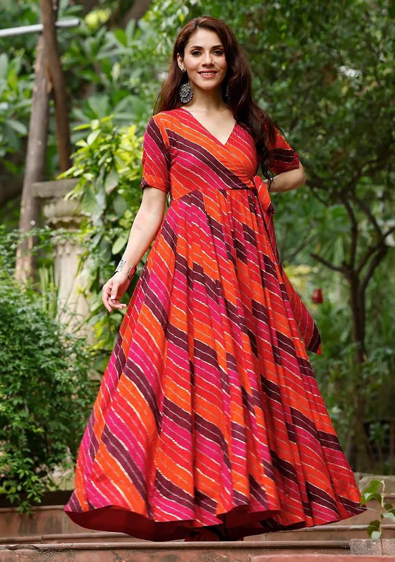 Orange Printed Rayon Gown With Dupatta - Indya