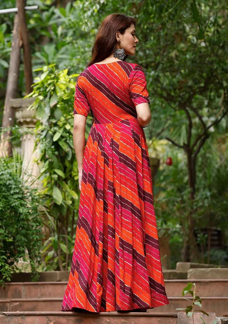 Orange Printed Rayon Gown With Dupatta - Indya