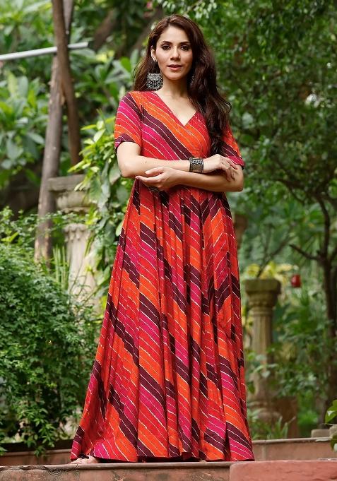 Orange Printed Rayon Gown With Dupatta