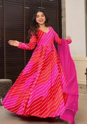 Pink Printed Rayon Gown With Dupatta