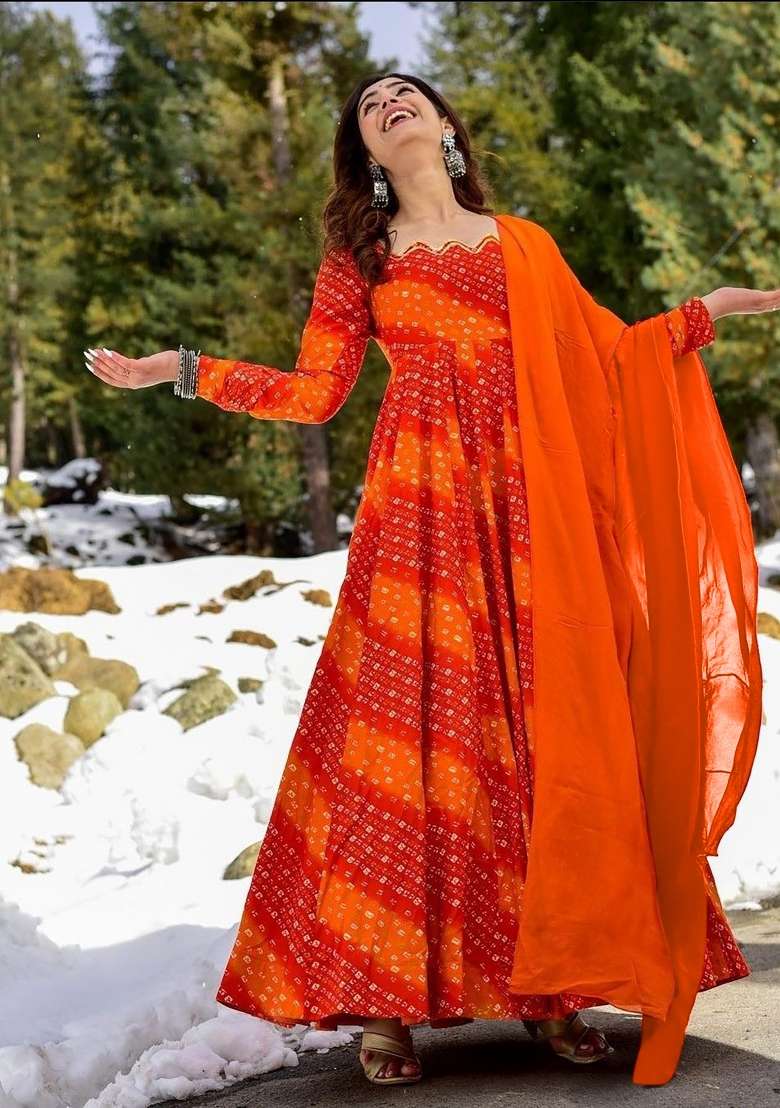 Orange Printed Rayon Gown With Dupatta - Indya