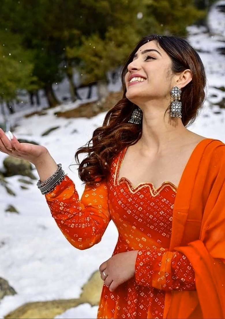 Orange Printed Rayon Gown With Dupatta - Indya