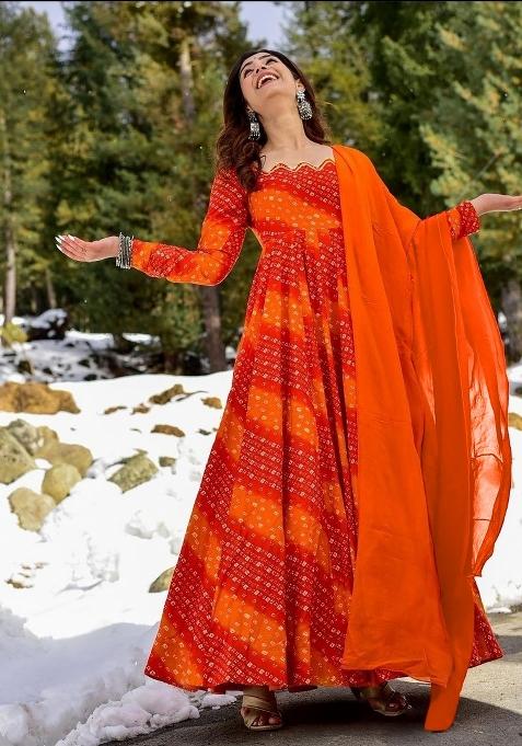 Orange Printed Rayon Gown With Dupatta