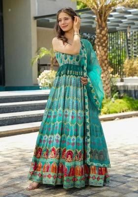 Sea Green Printed Gown With Dupatta