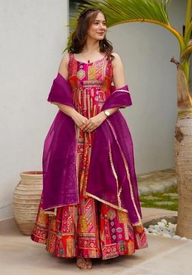 Multicolor Printed Gown With Dupatta