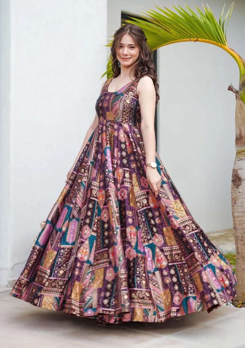 Lavender Printed Gown With Dupatta - Indya