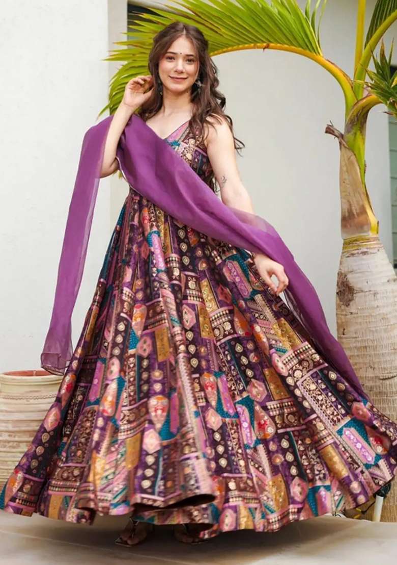 Lavender Printed Gown With Dupatta - Indya