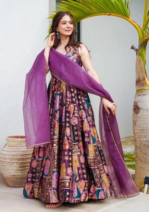 Lavender Printed Gown With Dupatta