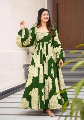 Green Printed Rayon Gown With Dupatta