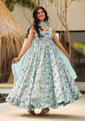 Sea Green Printed Rayon Gown With Dupatta