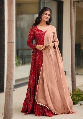 Maroon Printed Rayon Gown With Dupatta