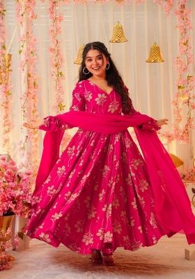Pink Printed Rayon Gown With Dupatta
