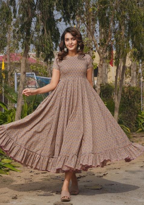 Beige Printed Rayon Gown