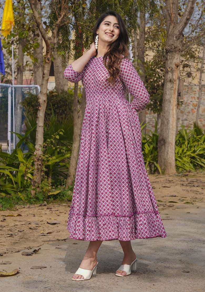 Dusty Pink Printed Rayon Gown - Indya