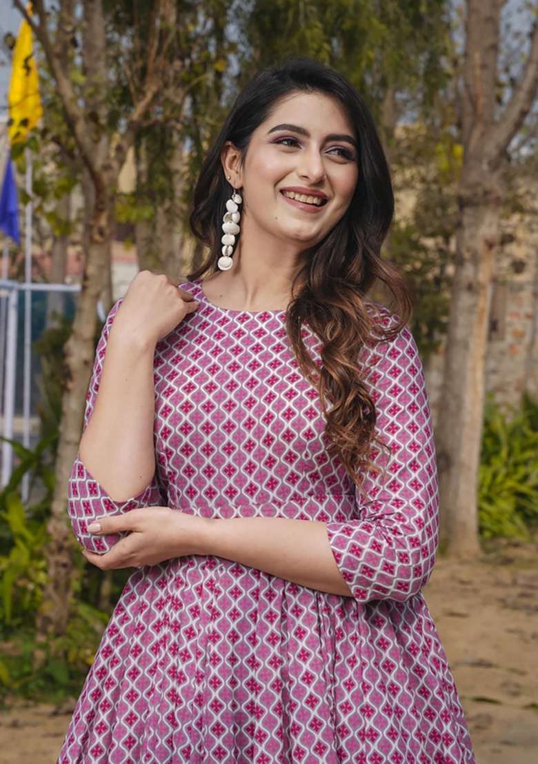 Dusty Pink Printed Rayon Gown - Indya