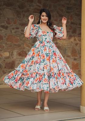 Off White Printed Rayon Gown