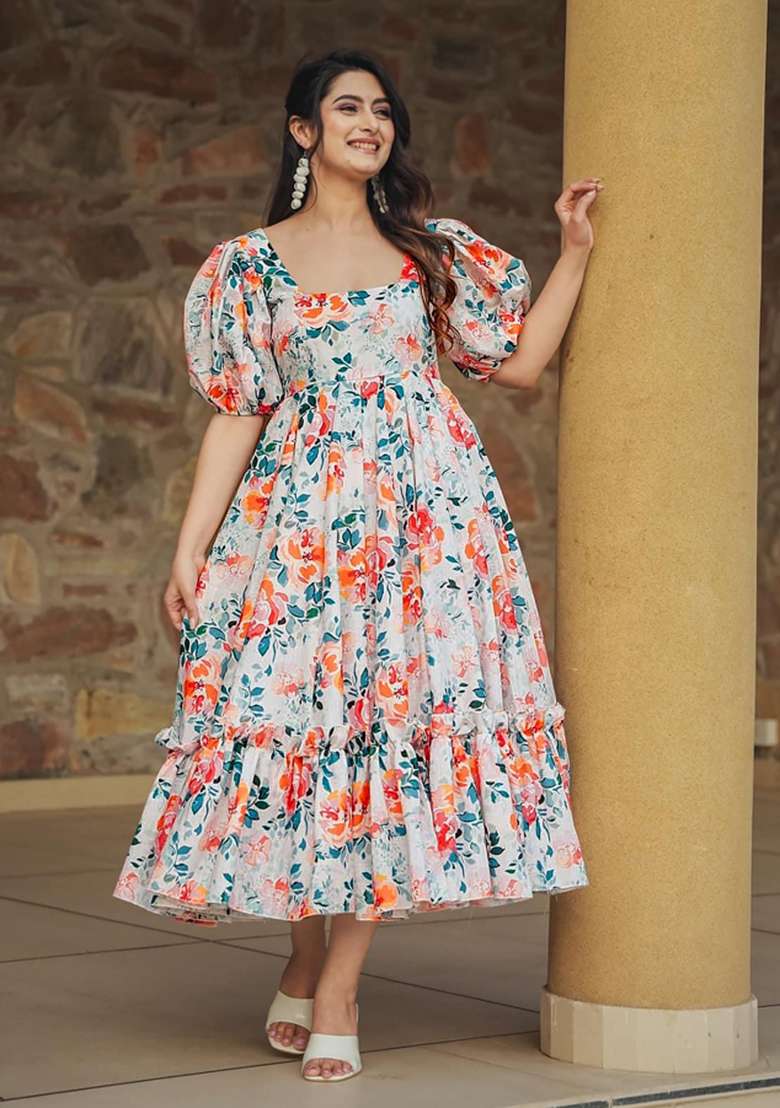 Off White Printed Rayon Gown - Indya