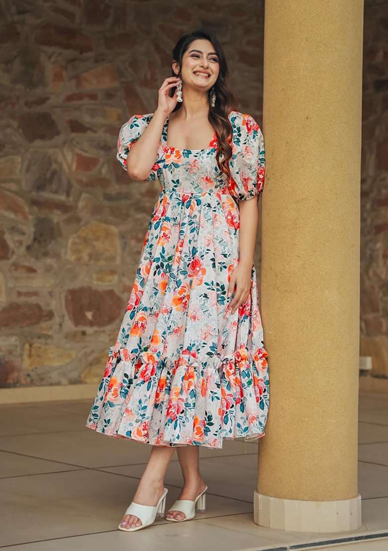 Off White Printed Rayon Gown - Indya