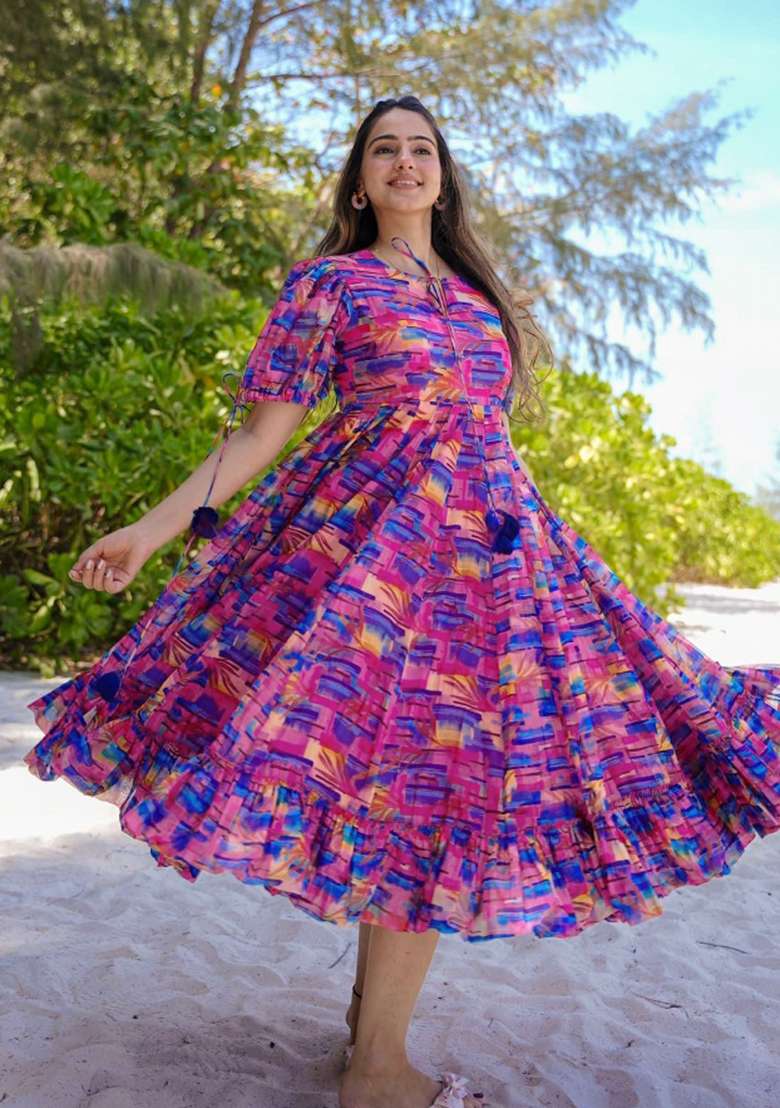 Lavender Printed Rayon Gown - Indya