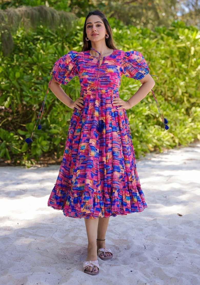 Lavender Printed Rayon Gown - Indya