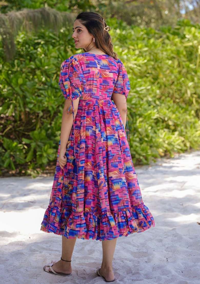 Lavender Printed Rayon Gown - Indya