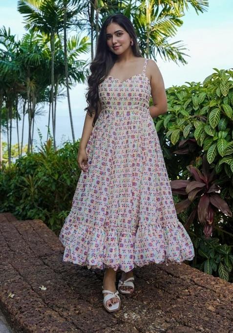 Cream Printed Rayon Gown