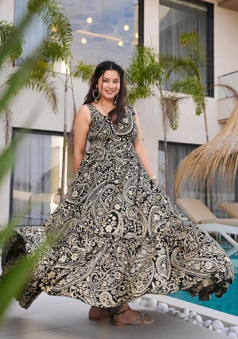 Black Printed Rayon Gown